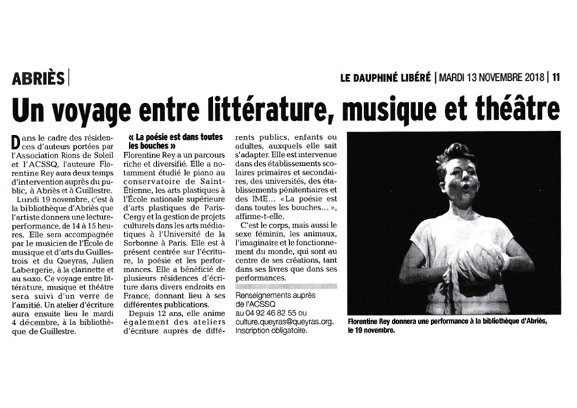 Un voyage entre littérature, musique et théâtre, article paru le mardi 13 novembre 2018 dans le Dauphiné Libéré