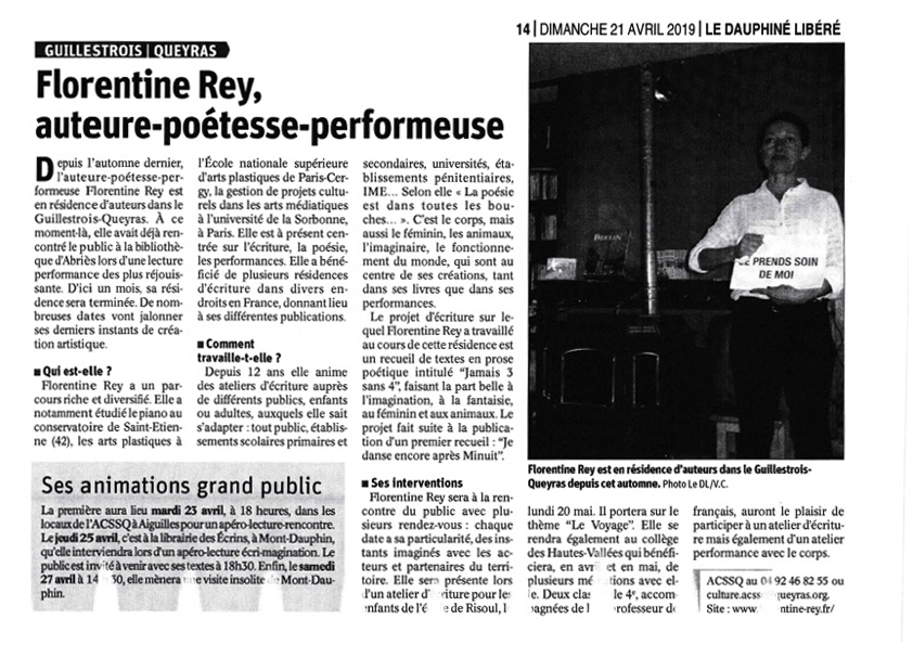 Florentine Rey, Auteure-poétesse-performeuse, article paru le dimanche 21 avril 2019, Le Dauphiné Libéré
