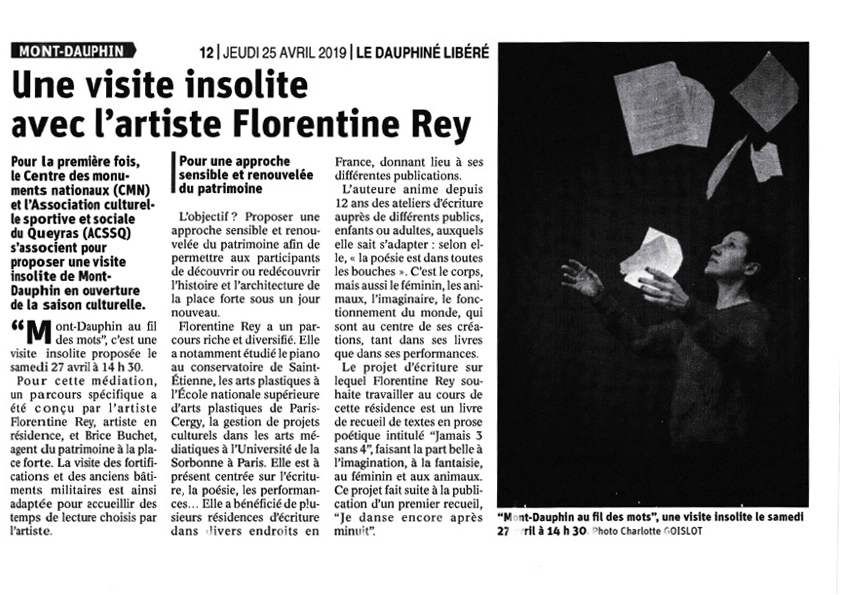Une visite insolite avec l'artiste Florentine Rey. Article publié dans le Dauphiné Libéré le jeudi 25 avril 2019