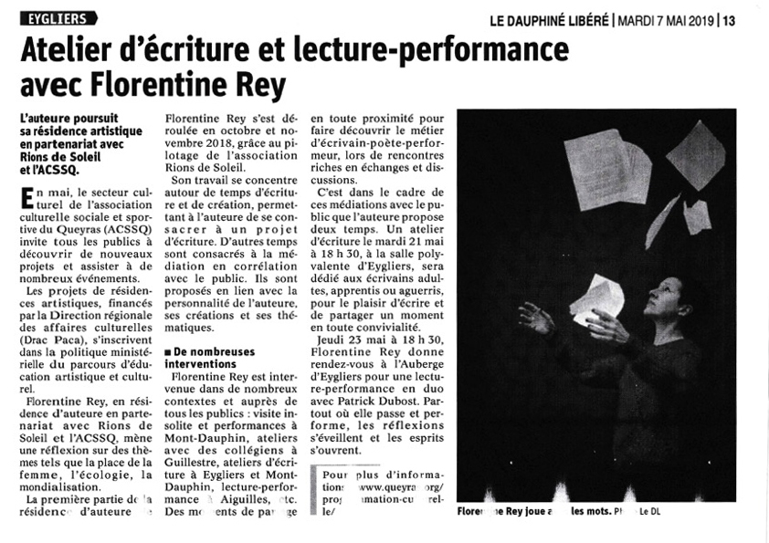 Atelier d'écriture et lecture-performance avec Florentine Rey. Article publié dans le Dauphiné Libéré le mardi 7 mai 2019