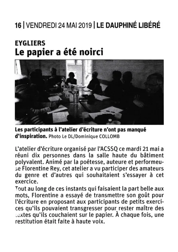 Le papier a été noirci. Article publié dans le Dauphiné Libéré le vendredi 24 mai 2019