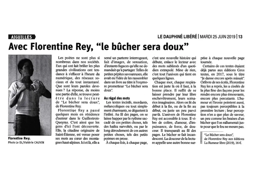 Avec Florentine Rey, "le bûcher sera doux". Article publié dans le Dauphiné Libéré le mardi 25 juin 2019