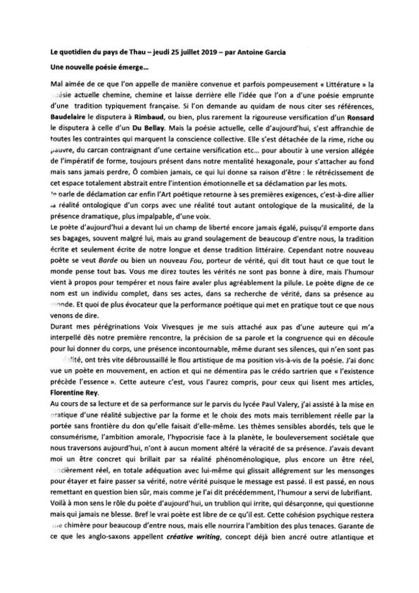 Une nouvelle poesie émerge… Article publié dans Le quotidien du pays de Thau le jeudi 25 juillet 2019