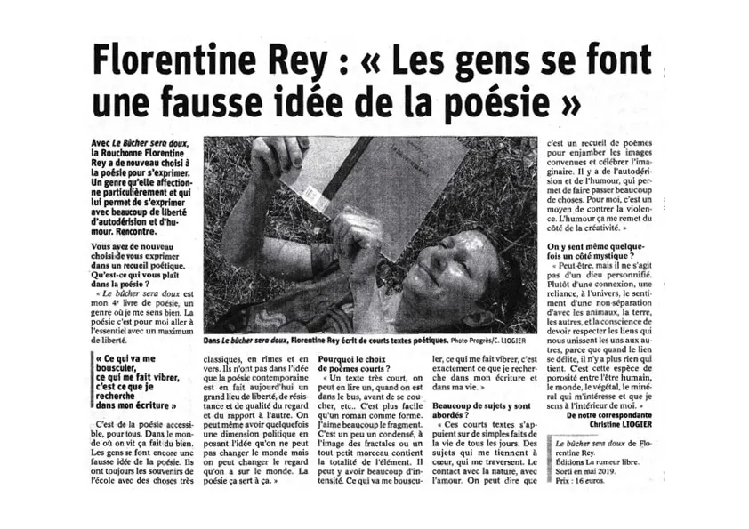 Florentine Rey : "Les gens se font une fausse idée de la poésie", Article paru le 04 août 2019 dans le Progrès