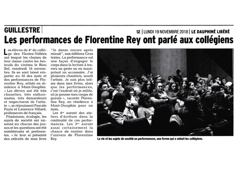 Les performances de Florentine Rey ont parlé aux collégiens, Article paru le lundi 19 novembre 2018 dans le Dauphiné Libéré