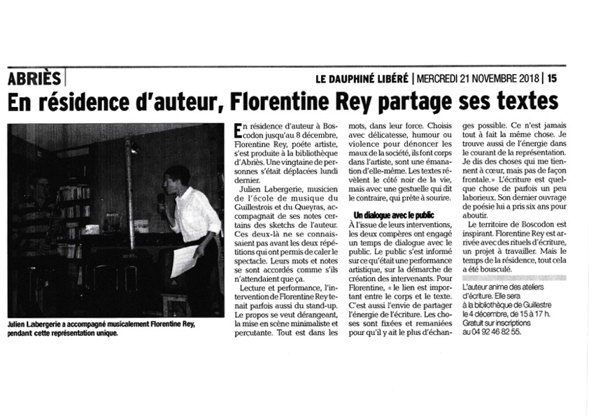 En résidence d'auteur, Florentine Rey partage ses textes, Article paru le mercredi 21 novembre 2018 dans le Dauphiné Libéré